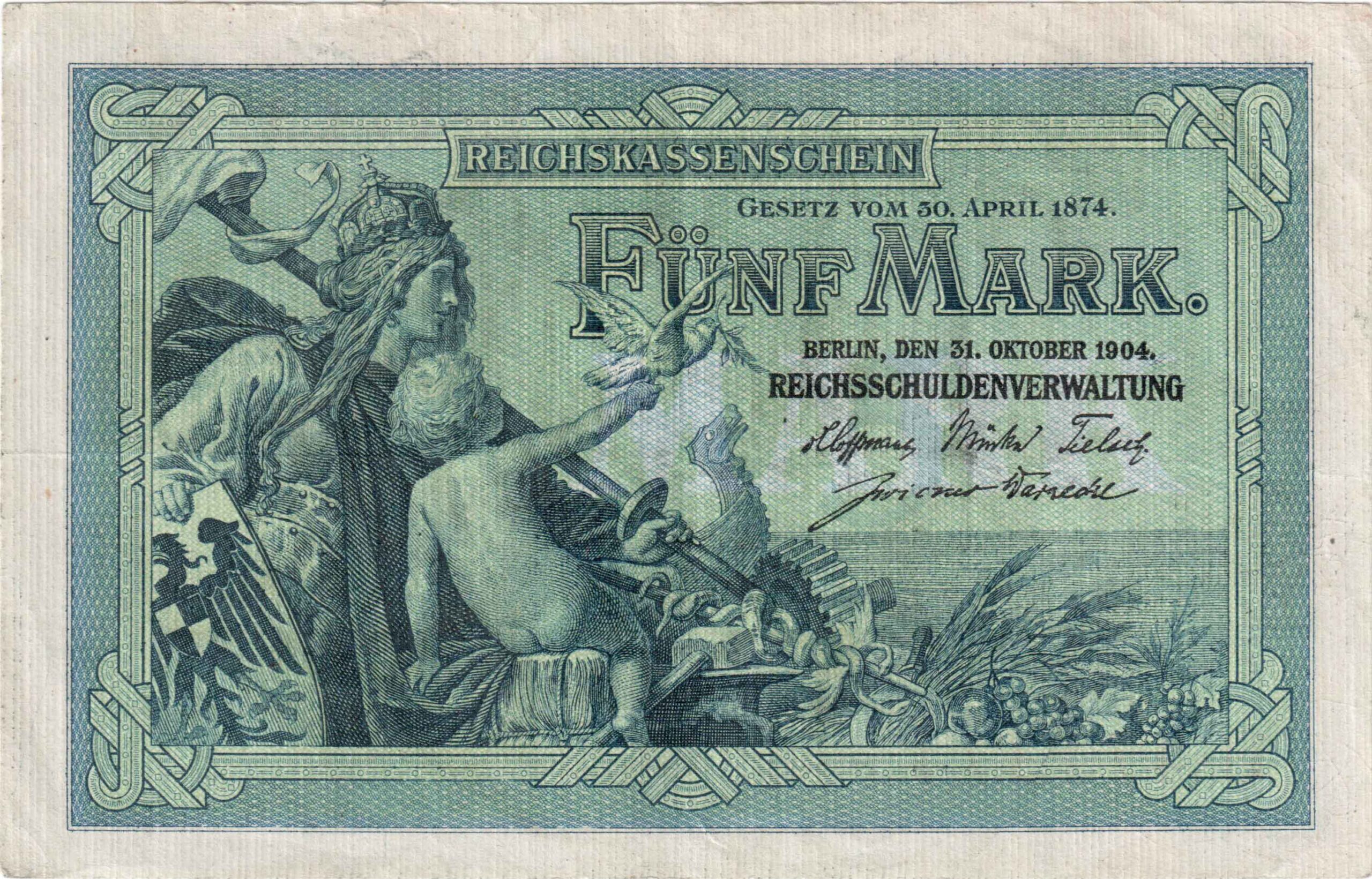 Deutsches Reich: Fünfmarkschein Reichskassenschein von 1904, Ro. 22, Vorderseite