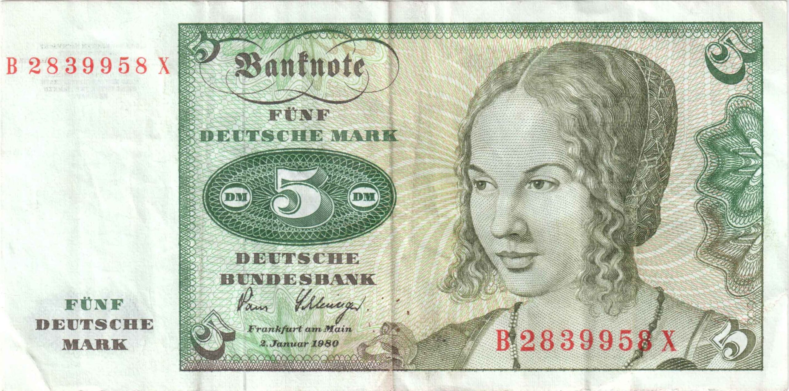 Fünfmarkschein der Deutsche Bundesbank von 1980, erste Serie, Ro. 285, Vorderseite