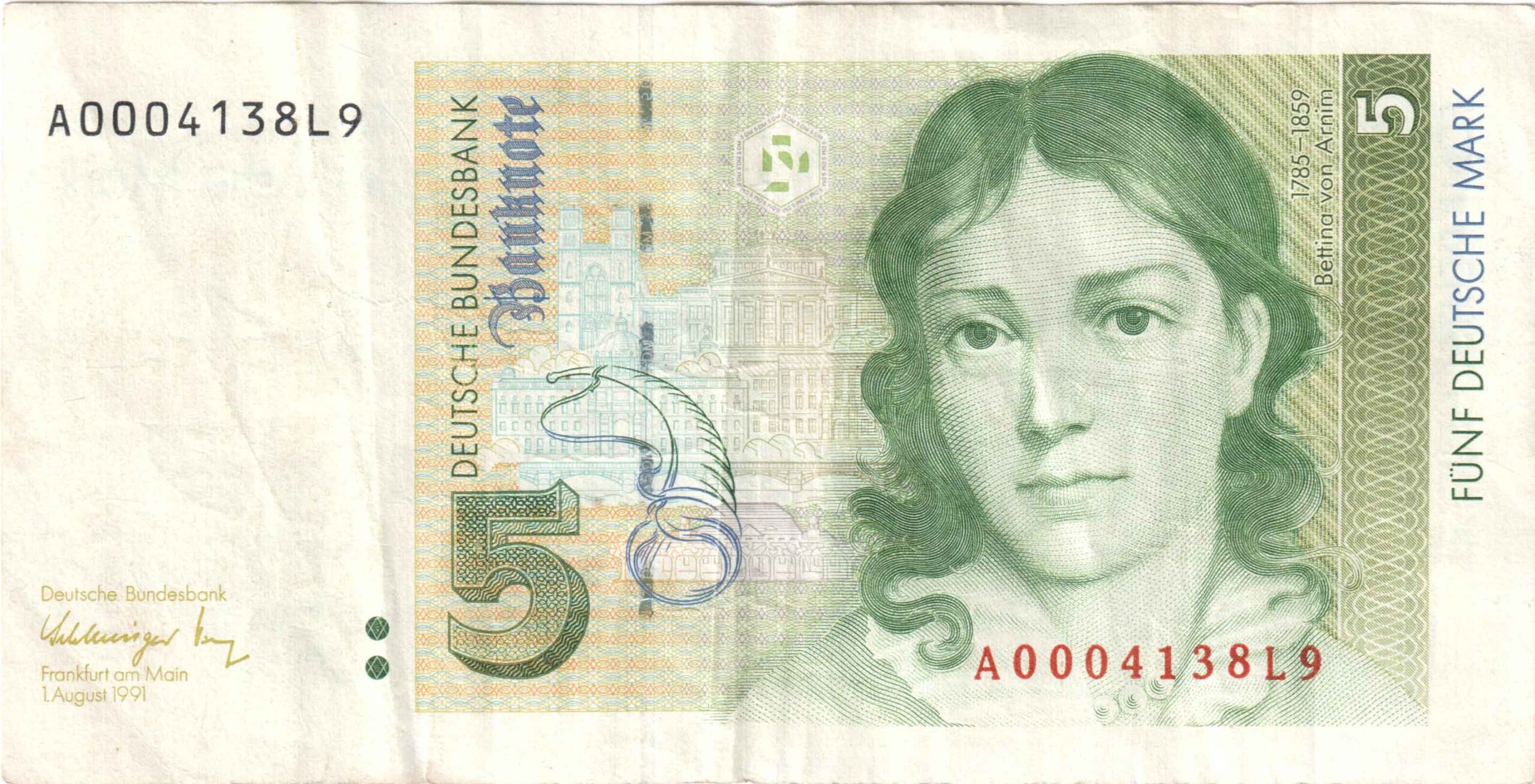 Fünfmarkschein von 1991 Deutsche Bundesbank Serie III, Ro. 296, Rückseite