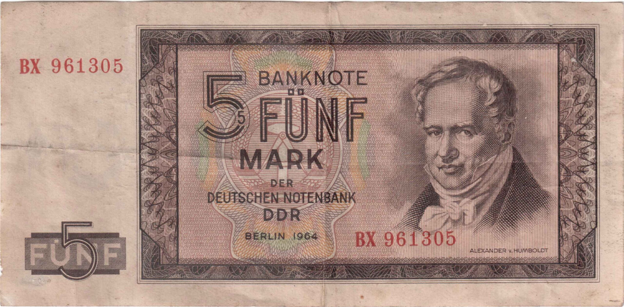 Fünfmarkschein der DDR von 1964, Ro. 349, Vorderseite