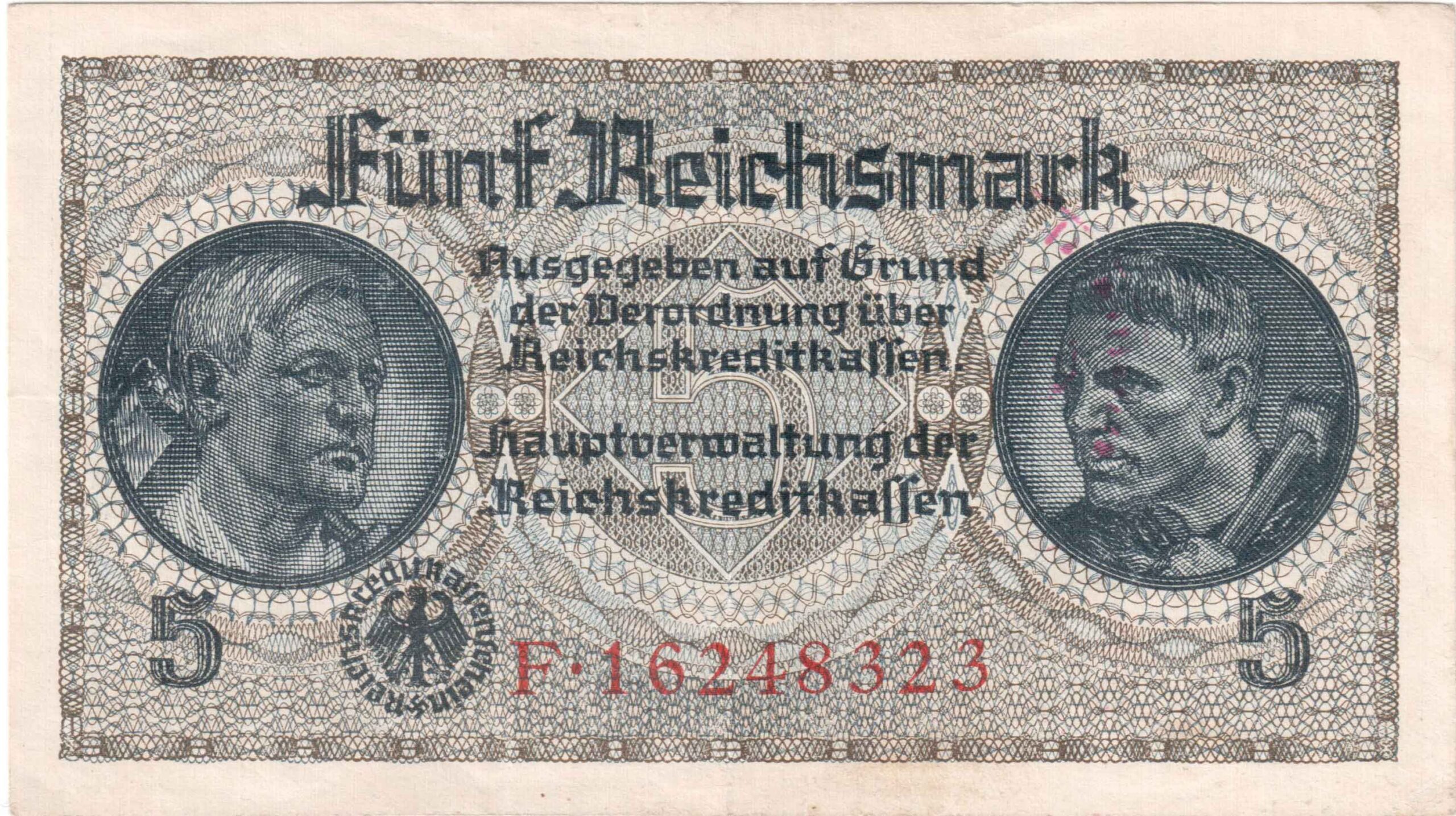 Fünfmarkschein der Reichskreditkasse von 1939, 2. Weltkrieg, Ro. 553, Vorderseite