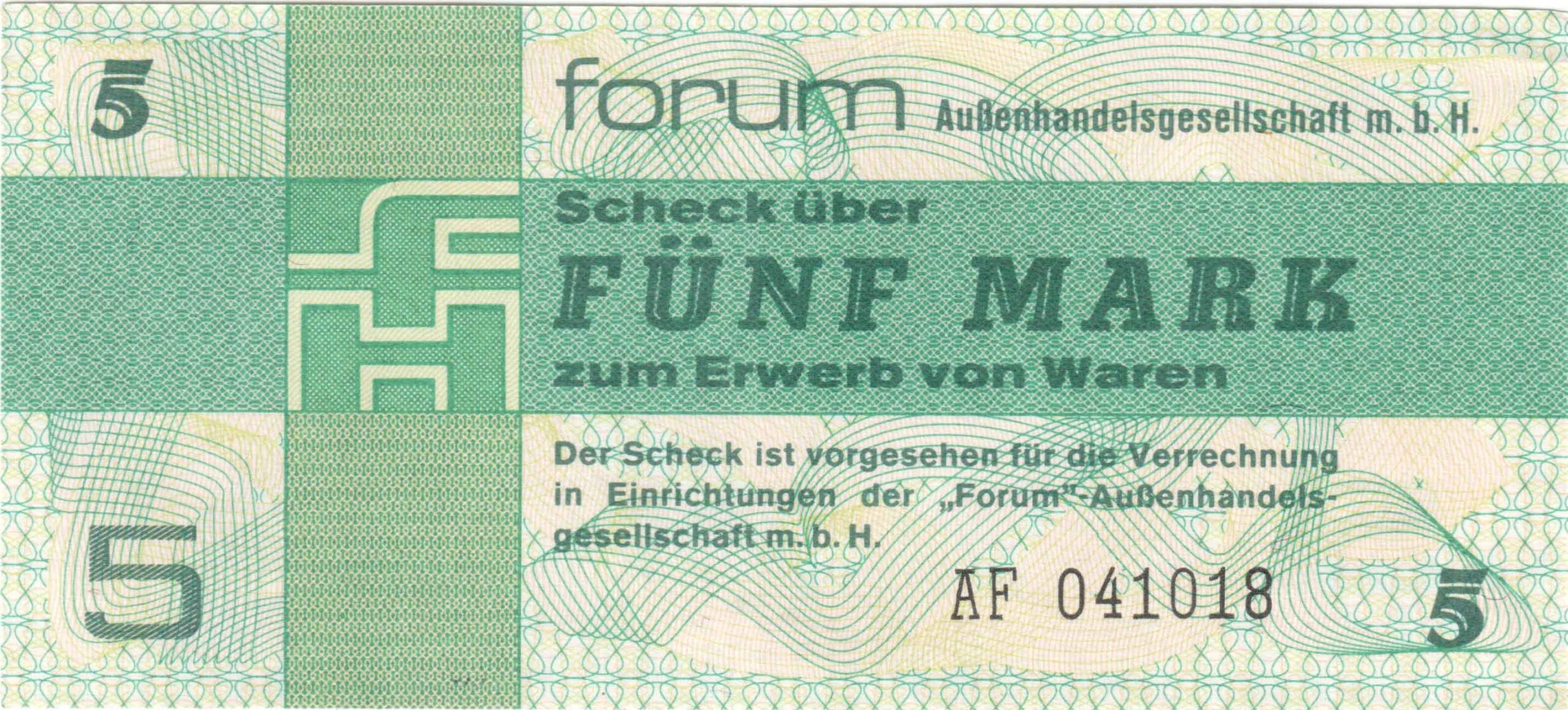 Fünfmarkschein zum Bezahlen in den Valutaläden Forum der DDR von 1979, Ro. 369, Vorderseite