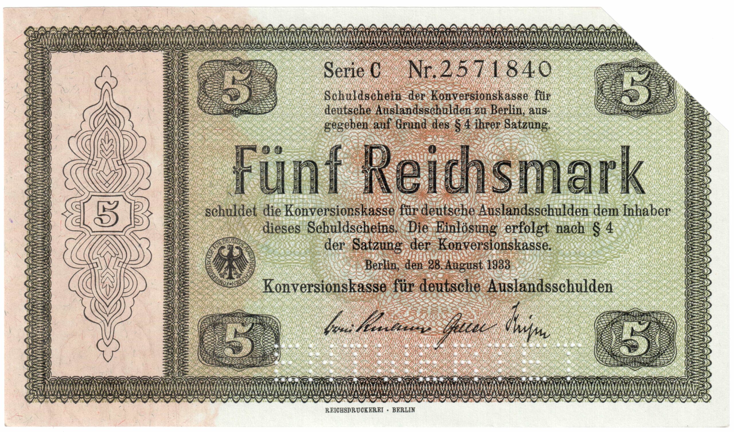 5 Reichsmark der Konversionskasse für deutsche Auslandsschulden 1933, Ro. 700 (entwertetes Wertpapier)